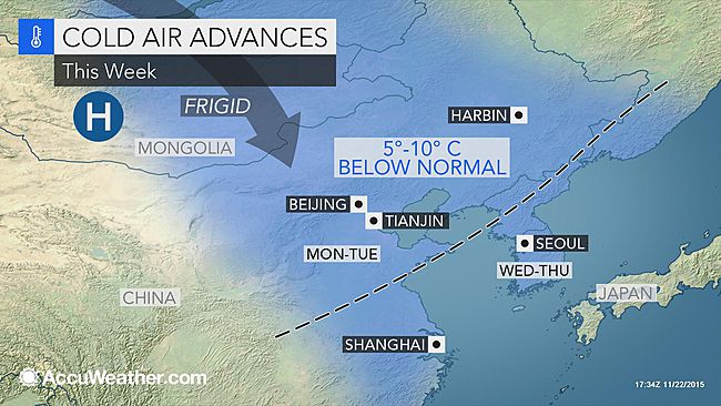 Cold air from Siberia to bring temperaures down in China this week