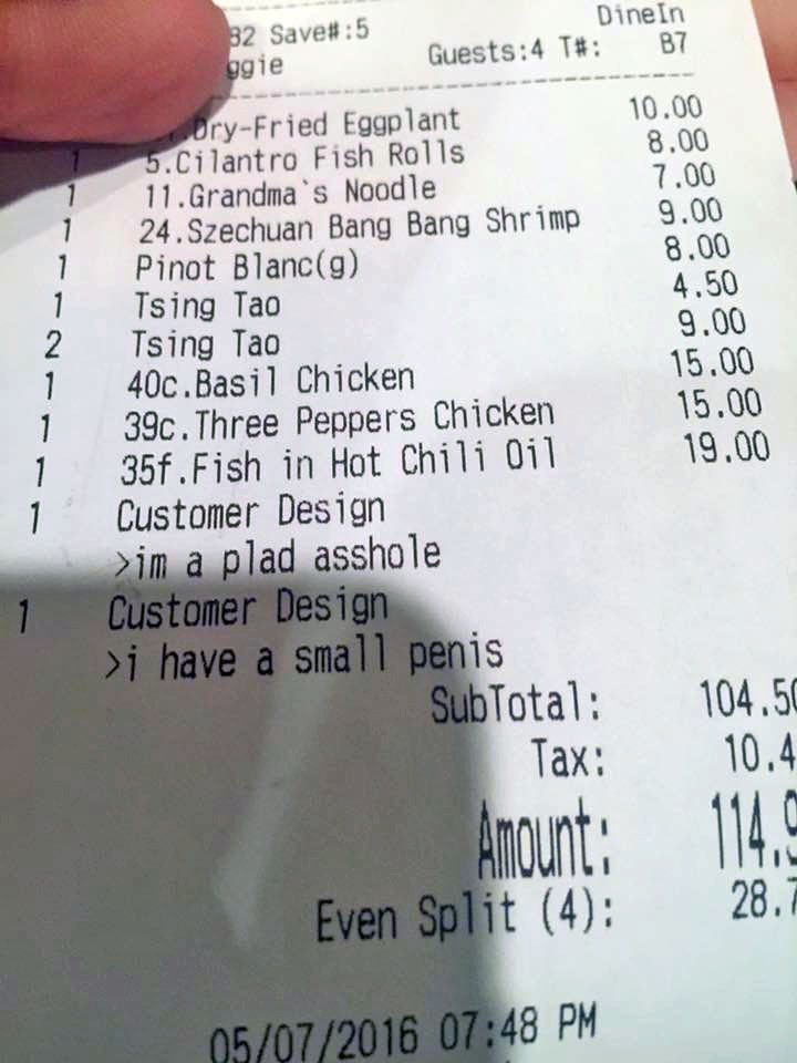 Diners Find Insults on Receipt at US Chinese Restaurant