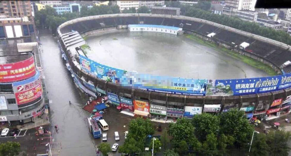 Hubei Stadium Becomes Giant Pool After Torrential Rains