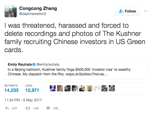 Congcong Zhang tweet harassed threatened for exposing Kushner visa plan
