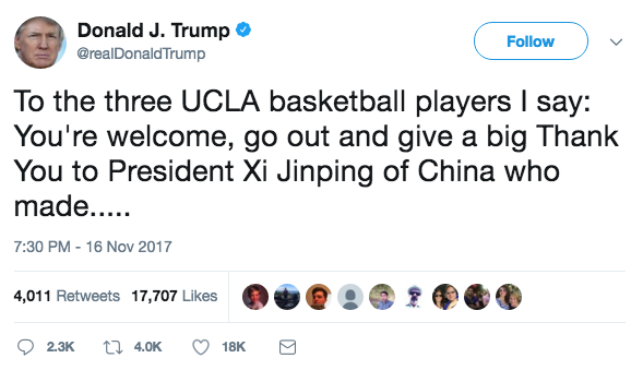 Trump to Arrested UCLA Players: Give a 'Big Thank You' to Xi Jinping