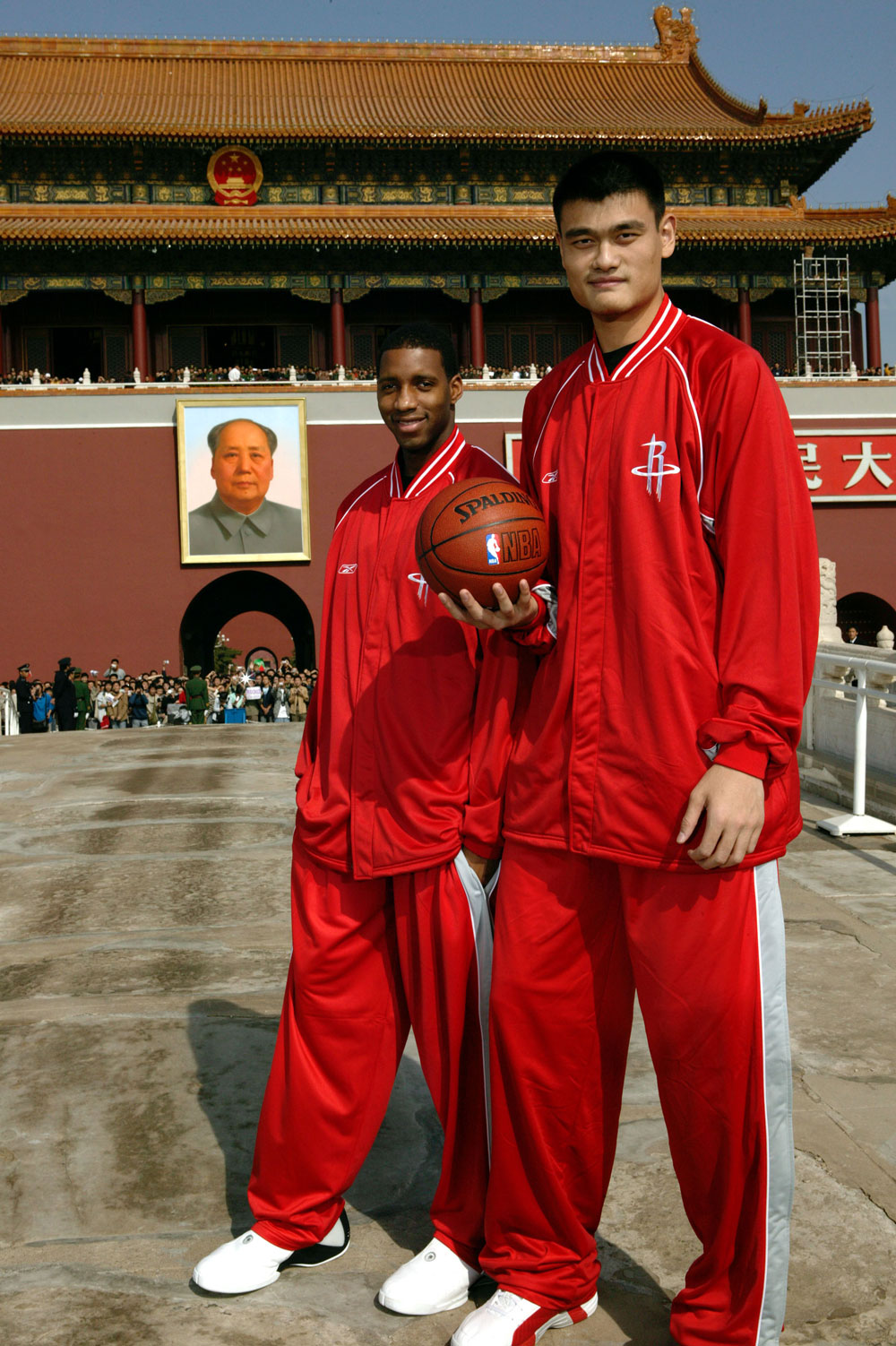 Yao Ming and Tracy McGrady of the Houston Rockets visit Beijing in 2004