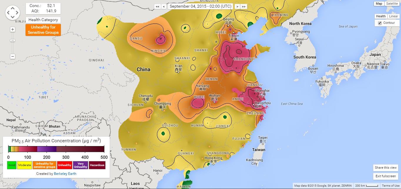 China and Beijing air pollution 24 hours after military parade