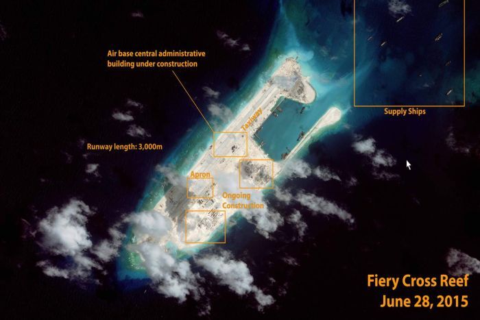 Satellite image of Chinese artificial island in Fiery Cross Reef in South China Sea