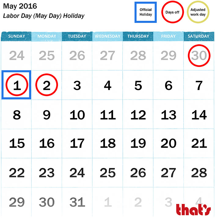 China Public Holidays 2016: Labor Day (May Day) Holiday, May