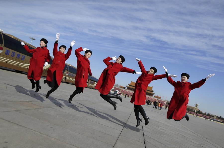 Hostesses Jumping at the Two Sessions in Tiananmen Square, Beijing