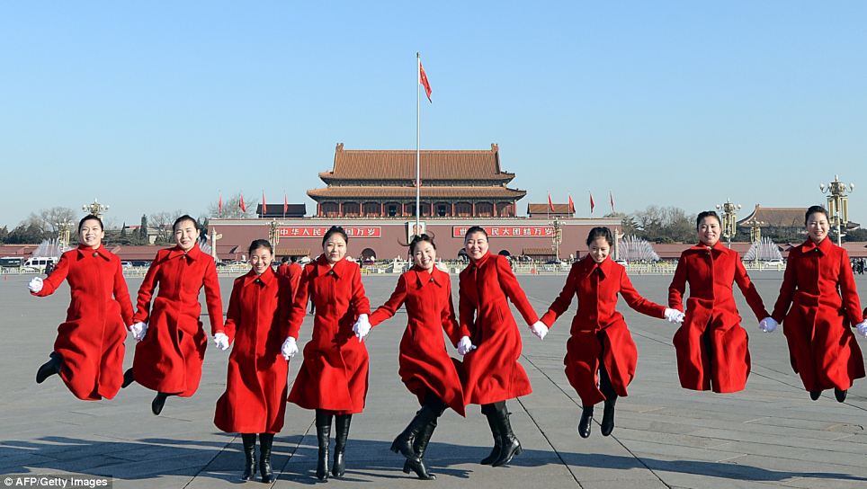 Hostesses Jumping at the Two Sessions in Tiananmen Square, Beijing