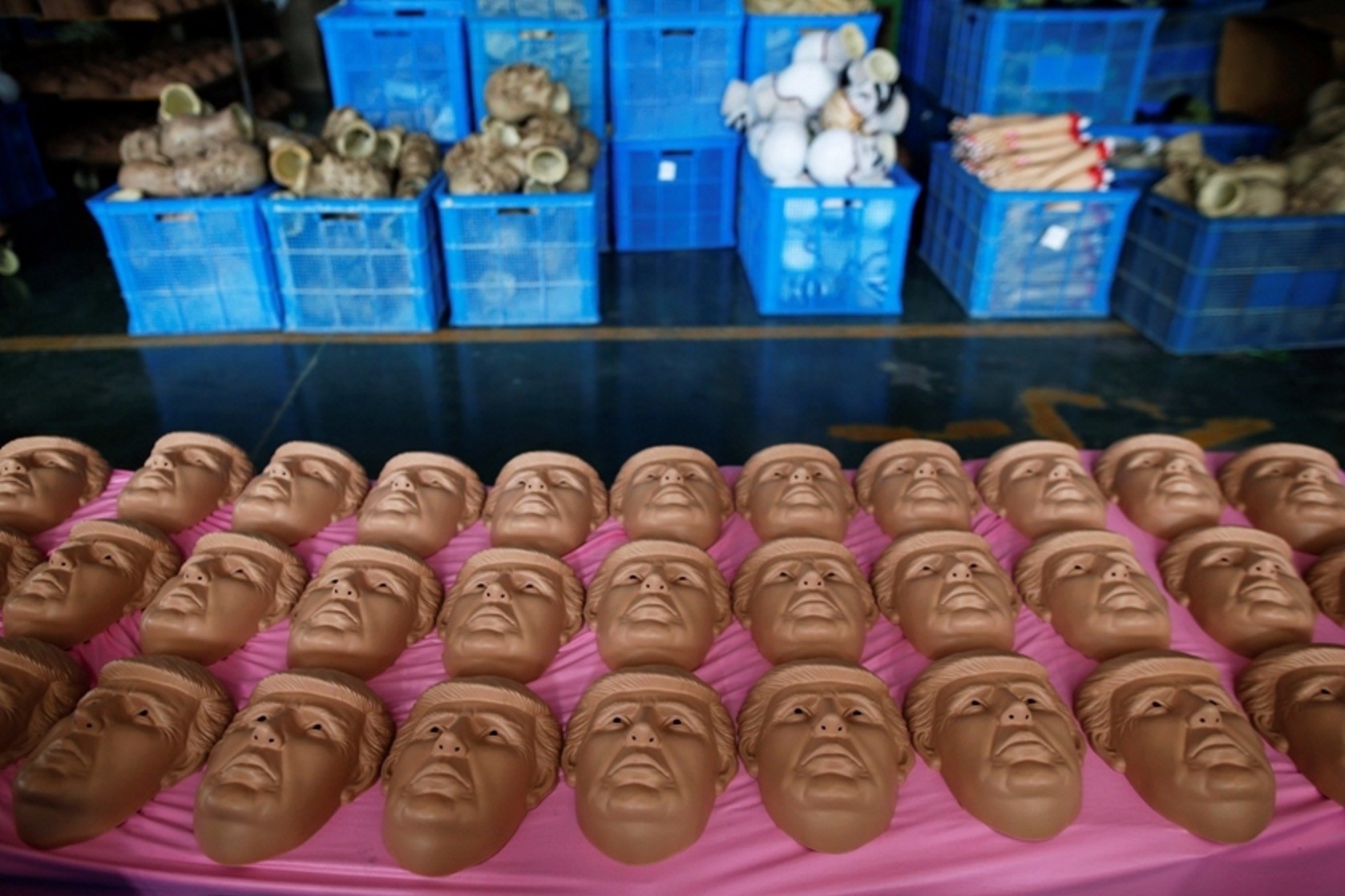 unfinished Drumpf masks all in a row
