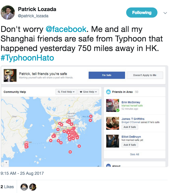 Facebook Asks Shanghai Users if They're Safe from Typhoon Hato for Some Reason