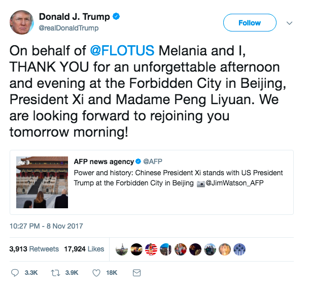Trump thanks Xi on Twitter from China