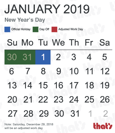 Chinese Public Holidays: New Year's Day, January 2019