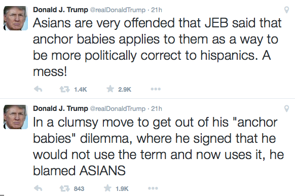 Donald Trump tweets about Jeb Bush's anchor babies comments