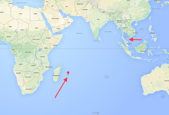 Map shows Reunion Island and MH370's last known location